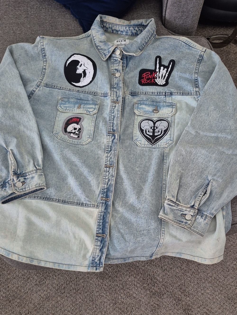 Denim&Co Light Blue Patchwork Jean Jacket with Punk Patches Custom